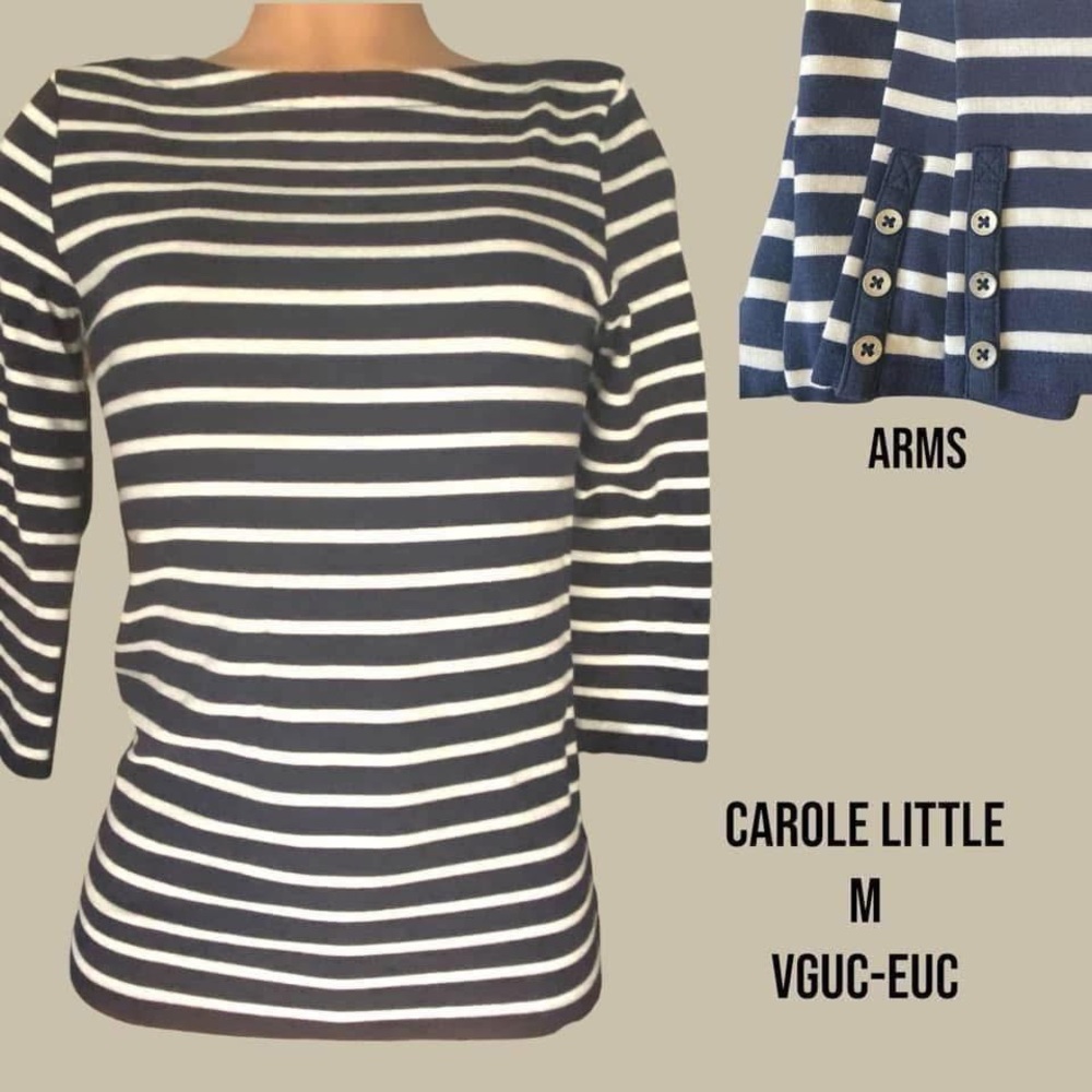 Carole Little Navy & White Striped ¾‑Sleeve Top (Size M)